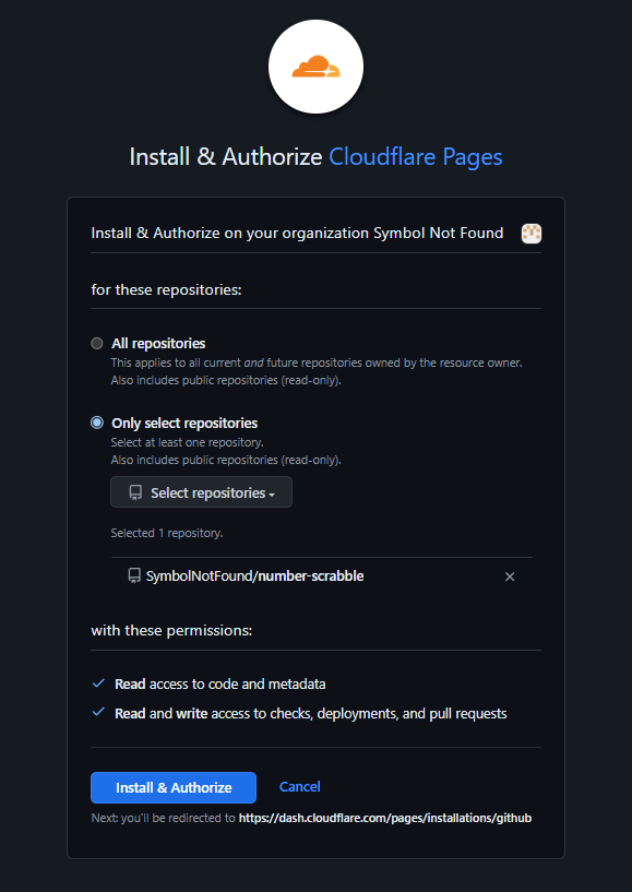 example of auth questions and permissions granted Cloudflare asks for which repositories to access, and requests (access to code & metadata) + (read and write for "checks, deployments and pull requests")